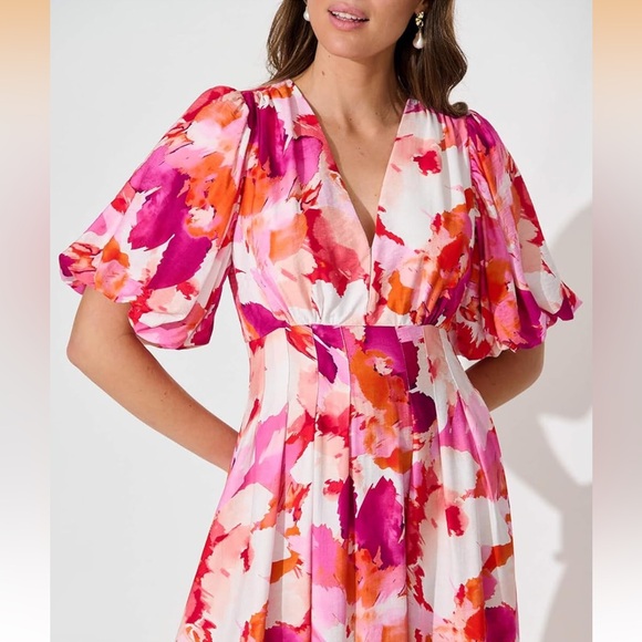 NWT Pink and White Floral Puff Sleeve V Neck High Waist Maxi Dress Size Small - Picture 14 of 15